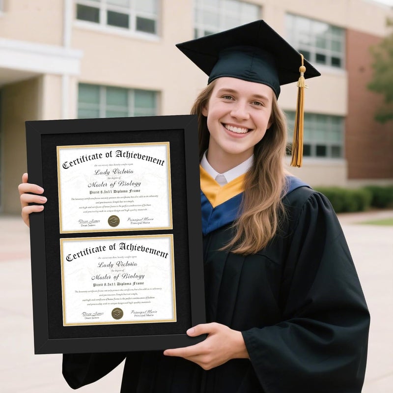 Picrit Double 8.5x11 Black Wood Diploma/Document Frame with Tempered Glass & Black over Gold Mat, and Display 14x20 Degree Certificate Frame without Mat for Wall, 1 pack - Image 5